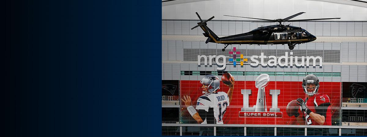 Air and Marine Operations flying over NRG stadium in Houston