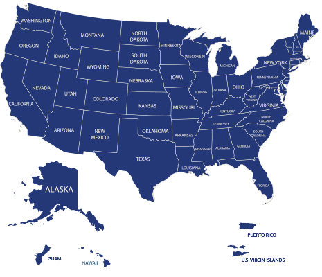 National Service in Your State - US Map with state's labeled - Click here to find service projects in your state