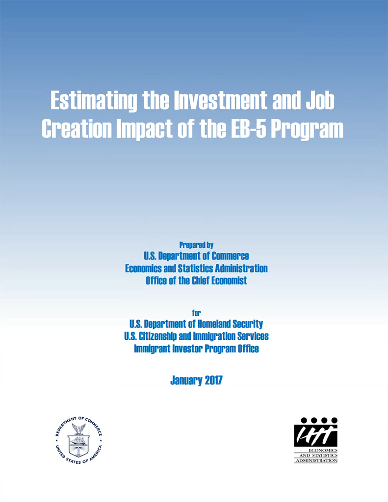 Cover art for the Estimating the Investment and Job Creation Impact of the EB-5 Program report.