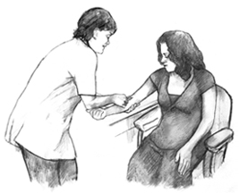 Image of a female health care provider drawing blood from the arm of a female patient, who is sitting in a chair.