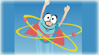 Cartoon image of a flying Atom Superman type character