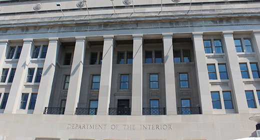 Main entrance to the Department of the Interior building in Washington DC.