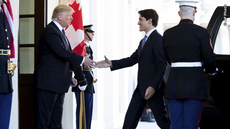 President Donald Trump welcomes Canadian Prime Minister Justin Trudeau outside the West Wing of the White House in Washington, DC.