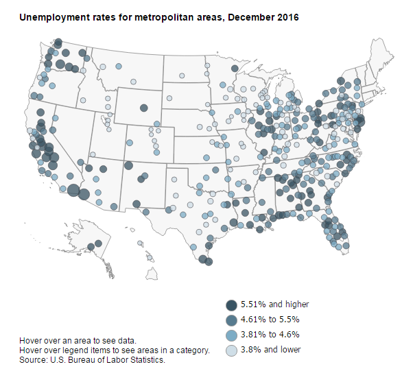 A data chart image of 192 metropolitan areas had jobless rates below U.S. rate of 4.5 percent in December 2016