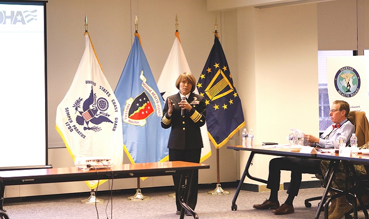 Navy Vice Adm. Raquel Bono, director, Defense Health Agency (DHA), addressed members of the Defense Health Board at its quarterly meeting, Feb. 9, 2017. The Defense Health Board is a federal advisory committee to the Secretary of Defense, providing independent advice and recommendations on operational programs, health policy development, health research programs, and requirements for the treatment and prevention of disease and injury, promotion of health and the delivery of health care to DoD beneficiaries. Bono discussed DHA goals for 2017 and the importance of the board's work for the agency. Dr. Terry Rauch, recently named acting deputy assistant secretary of Defense for Health Readiness Policy and Oversight, looked on.