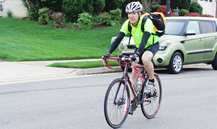 A DHHQ employee bikes to work. Bike or walk to work, if possible. If you don’t live close enough to bike or walk the entire commute, try walking for at least part of your travel time. For example, park further from your building. Or choose a higher level in the parking garage. (Courtesy photo)