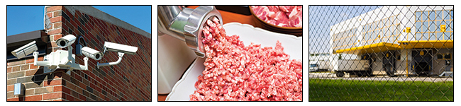 Banner image showing security cameras, ground beef, and a factory building.