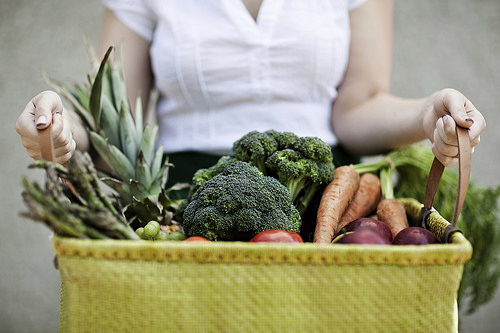 A person holding a basket of food