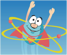 Cartoon image of a flying Atom character