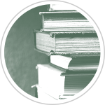 five stacked books in a circle badge