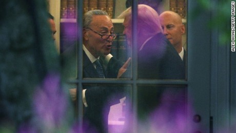 WASHINGTON, DC - SEPTEMBER 06:  U.S. Senate Minority Leader Chuck Schumer (D-NY) (L) makes a point to President Donald Trump in the Oval Office prior to his departure from the White House September 6, 2017 in Washington, DC. President Trump is traveling to North Dakota for a tax reform event with workers from the energy sector.  (Photo by Alex Wong/Getty Images)