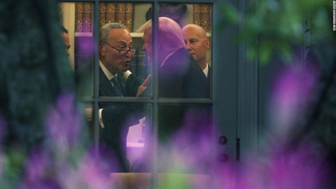President Donald Trump talks with Senate Minority Leader Chuck Schumer during a meeting in the White House Oval Office on Wednesday, September 6. The end result of that meeting was Trump&lt;a href=&quot;http://www.cnn.com/2017/09/06/politics/trump-deal-democrats-republicans/index.html&quot; target=&quot;_blank&quot;&gt; bucking his own party and siding with Democrats&lt;/a&gt; to support a deal that would ensure passage of disaster relief funding, raise the debt ceiling, and continue to fund the government into December. &lt;a href=&quot;http://www.cnn.com/2017/09/06/politics/trump-schumer-photo/index.html&quot; target=&quot;_blank&quot;&gt;CNN&#39;s Chris Cilizza breaks down the photo&lt;/a&gt;