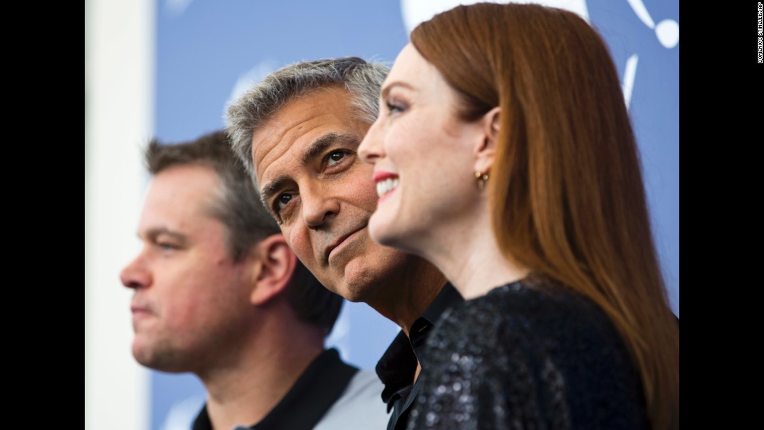 From left, actors Matt Damon, George Clooney and Julianne Moore pose for photos during the &lt;a href=&quot;http://www.cnn.com/style/gallery/venice-film-festival-2017/index.html&quot; target=&quot;_blank&quot;&gt;Venice International Film Festival&lt;/a&gt; on Saturday, September 2. Damon and Moore star in the new film &quot;Suburbicon,&quot; which Clooney directed.