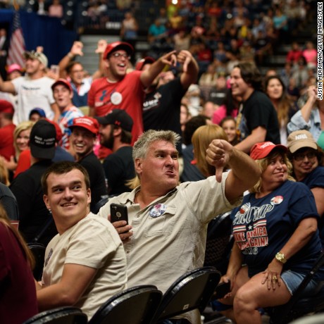 YOUNGSTOWN, OH - JULY 25: Supporters of U.S. President Donald Trump jeer the media at the Covelli Centre on July 25, 2017 in Youngstown, Ohio. The rally coincides with the Senates vote on GOP legislation to repeal and replace the Affordable Care Act.  (Photo by Justin Merriman/Getty Images)