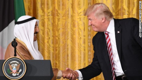 US President Donald Trump (R) shakes hands with Kuwaiti Emir Sheikh Sabah al-Ahmad Al-Sabah during a joint press conference at the White House in Washington, DC, on September 7 2017. (JIM WATSON/AFP/Getty Images)