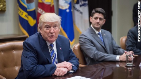 US President Donald Trump speaks as House Speaker Paul Ryan looks on during a meeting with Republican congressional leaders in the Roosevelt Room at the White House in Washington, DC, on June 6, 2017. (NICHOLAS KAMM/AFP/Getty Images)