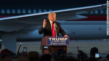 Republican presidential candidate Donald Trump addresses a rally at Millington Regional Jetport on February 27, in Millington, Tennessee.