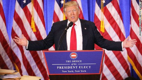 NEW YORK, NY - JANUARY 11:  President-elect Donald Trump speaks at a news cenference at Trump Tower  on January 11, 2017 in New York City. This is Trump&#39;s first official news conference since the November elections.  (Photo by Spencer Platt/Getty Images)