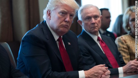 WASHINGTON, DC - MARCH 29:  U.S. President Donald Trump (L) and Attorney General Jeff Sessions (R) attend a panel discussion on an opioid and drug abuse in the Roosevelt Room of the White House March 29, 2017 in Washington, DC.  (Photo by Shawn Thew-Pool/Getty Images)