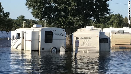 Parts of Texas still in rescue and recovery mode, 2 weeks after Hurricane Harvey. Rose City, Texas. An RV Park sits in flood waters from Tiger Creek.