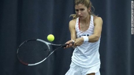 Brittany Tagliareni plays in a singles match at the INAS World Tennis Championships in Bolton, England, in 2017. 