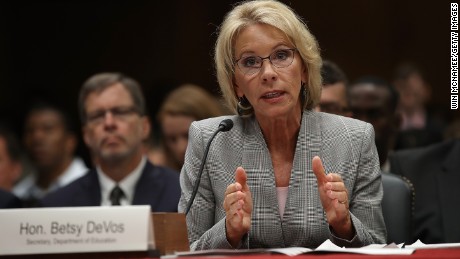 WASHINGTON, DC :  Education Secretary Betsy DeVos testifies before the Senate Appropriations Committee on Capitol Hill June 6, 2017 in Washington, DC. DeVos testified on the fiscal year 2018 budget request for the Education Department.  (Photo by Win McNamee/Getty Images)