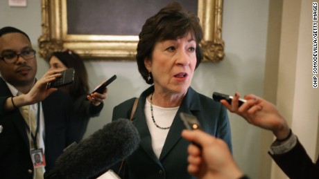Sen. Susan Collins talks with reporters before heading into the GOP policy luncheons at the U.S. Capitol February 3, 2015 in Washington, DC. 