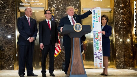 Flanked by (L to R) Director of the National Economic Council Gary Cohn, Treasury Secretary Steve Mnuchin and Transportation Secretary Elaine Chao, President Donald Trump holds up a Federal decision permitting-process flowchart for federally funded highway projects in the United States&#39; while speaking following a meeting on infrastructure at Trump Tower, August 15, 2017 in New York City.  He fielded questions from reporters about his comments on the events in Charlottesville, Virginia and white supremacists. 