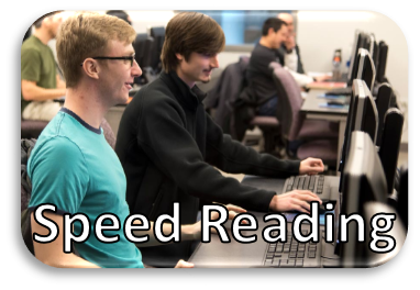 Students sitting in a computer lab with Speed-Reading Instruction written on the photo.