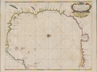 hand colored map with labels for river mouths, ports, islands, and other points 