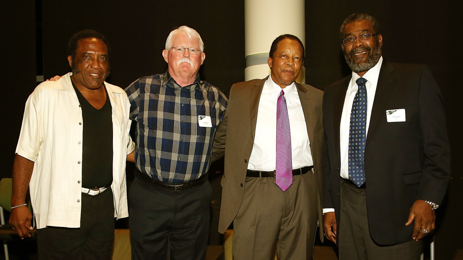 North Texas Hall of Fame members Cedrick Hardman, Willie Parker, Leonard Dunlap and Joe Greene