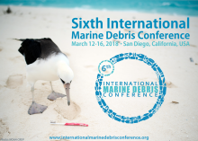 Banner that reads "Sixth International Marine Debris Conference" and a photo of a bird looking at a toothbrush on a beach.