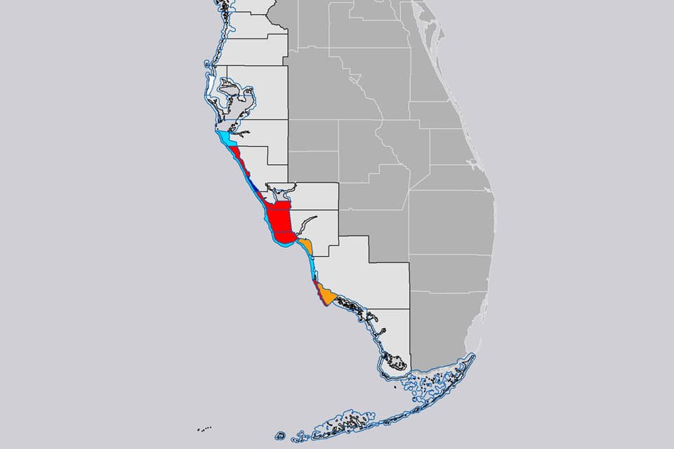 map of red tide conditions in Western Florida for August 8, 2018