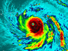 An infrared satellite image of a hurricane.