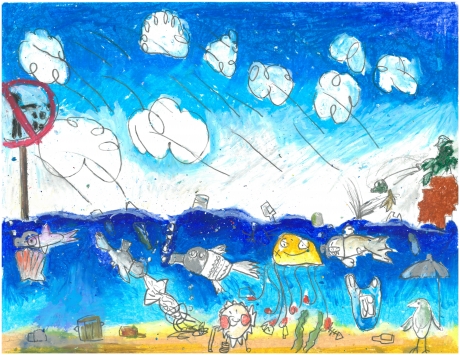 A child&#039;s drawing of an ocean and wildlife with marine debris.