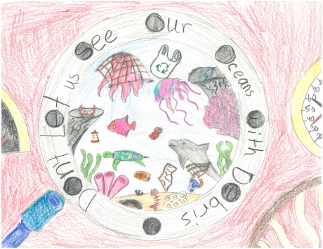 Child&#039;s drawing of an ocean polluted with marine debris as seen out of a porthole.