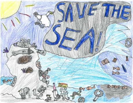 Child&#039;s drawing of animals on a shore entangled in marine debris and the words &quot;Save the Sea.&quot;
