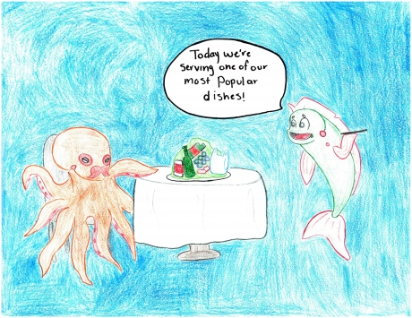 A child&#039;s drawing of an octopus at a restaurant being served marine debris.