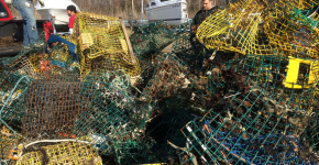 A pile of derelict crab traps. (Photo Credit: G. Bradt, NH Sea Grant)