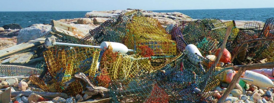 A pile of derelict fishing gear on the shore.