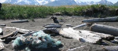 A derelict net rests on a remote Alaskan shoreline. 