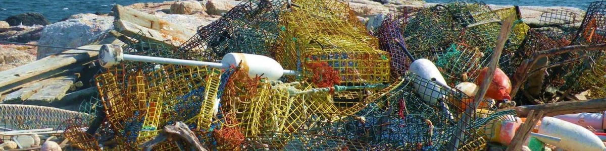 Lobster traps on the shoreline in New Hampshire.