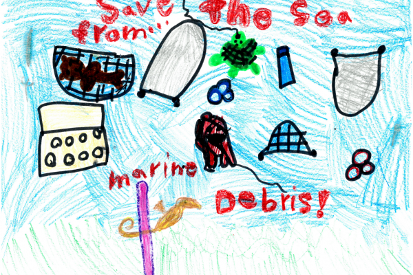 Student artwork of debris floating in the water column with the words "save the sea from marine debris."