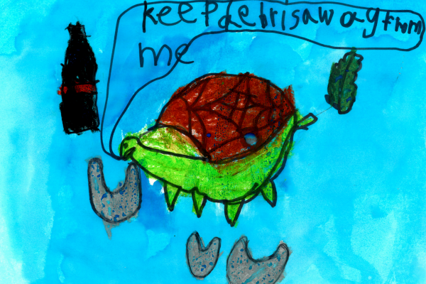 Student artwork of a turtle, surrounded by debris, saying "keep debris away from me."