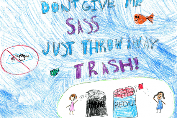 Student artwork of kids throwing away trash with the words "don't give me sass, just throw away trash!"