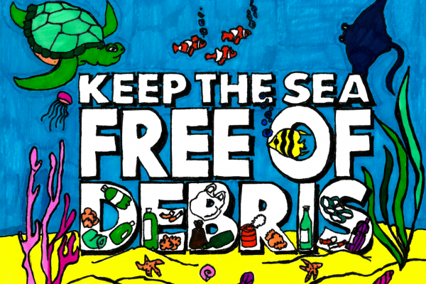 Student artwork of marine animals with the words "keep the sea free of debris" and debris items within the word "debris."