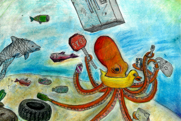 Student artwork of an octopus covered in debris items.