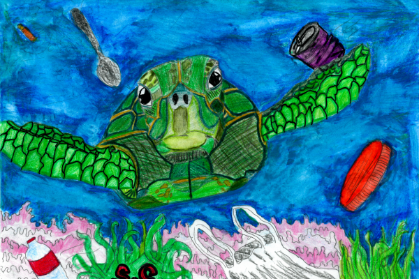 Student artwork of a sea turtle surrounded by debris in the water.