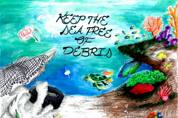 Student artwork of a reef with lots of colorful life on one side and colorless debris on the other, with the words "keep the sea free of debris."