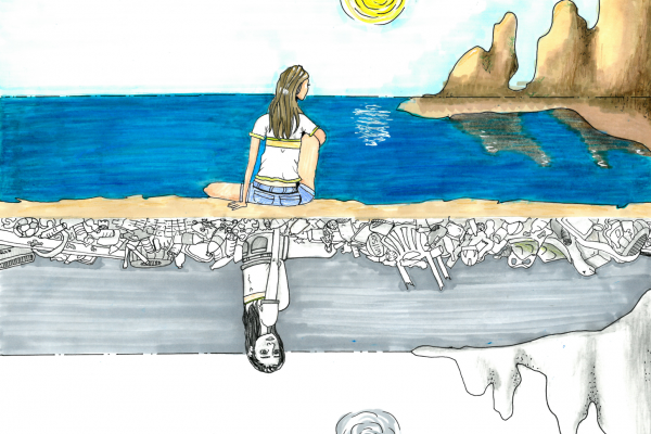 Student artwork of a clean, colorful landscape with a girl looking to the horizon and underneath, a colorless and very dirty landscape with the girl looking toward the viewer.